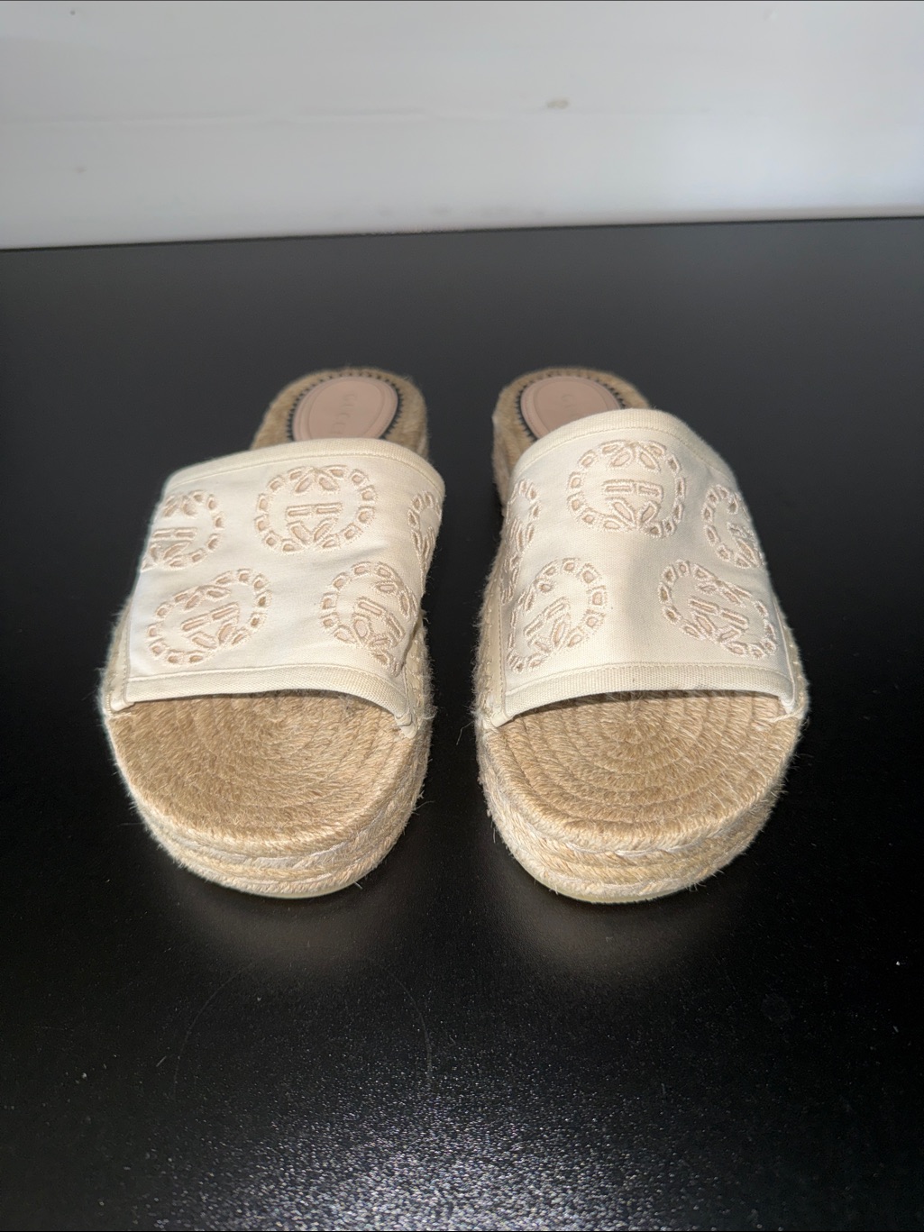 Gucci Neutral Embroidered Espadrille Slides